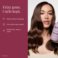 Frizz gone, curls kept, benefits of the Clean Start Shampoo beside a model holding it