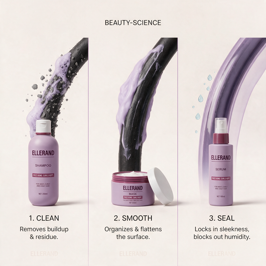 Clean, smooth and seal shown as three steps on a single hair strand